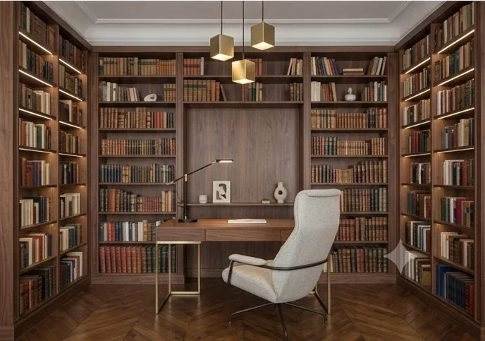 Bibliothèque et bureau sur mesure en noyer, appartement haussmannien