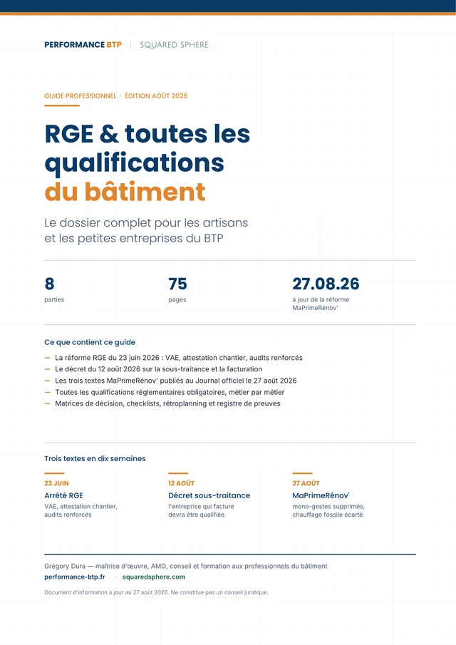 Couverture du manuel RGE et des qualifications du bâtiment, édition août 2026