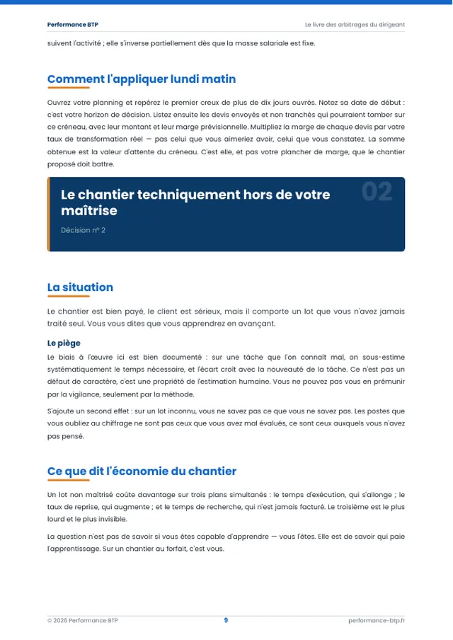 Page 10 de l’extrait du manuel 50 décisions qui font gagner ou perdre de l'argent dans le BTP