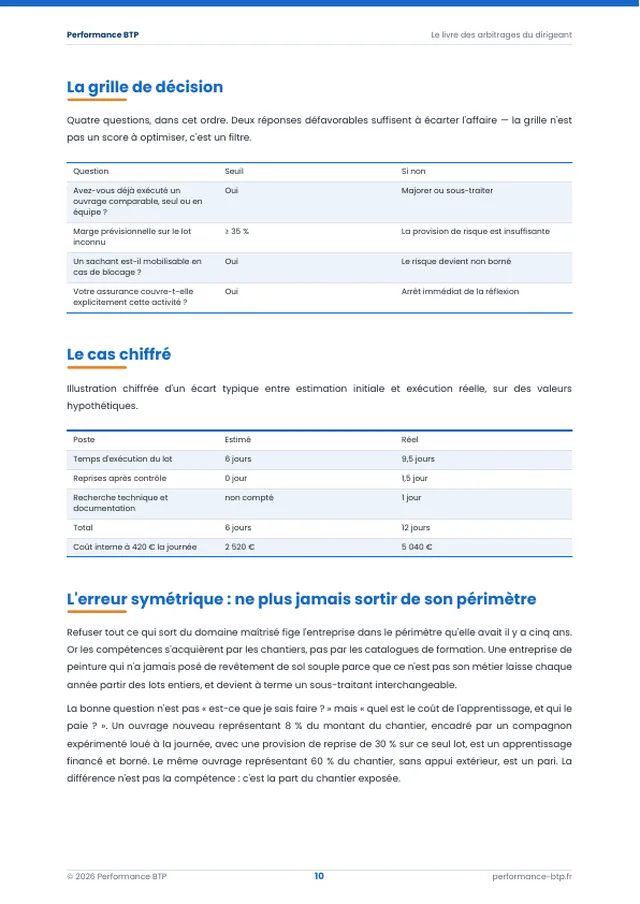 Page 11 de l’extrait du manuel 50 décisions qui font gagner ou perdre de l'argent dans le BTP