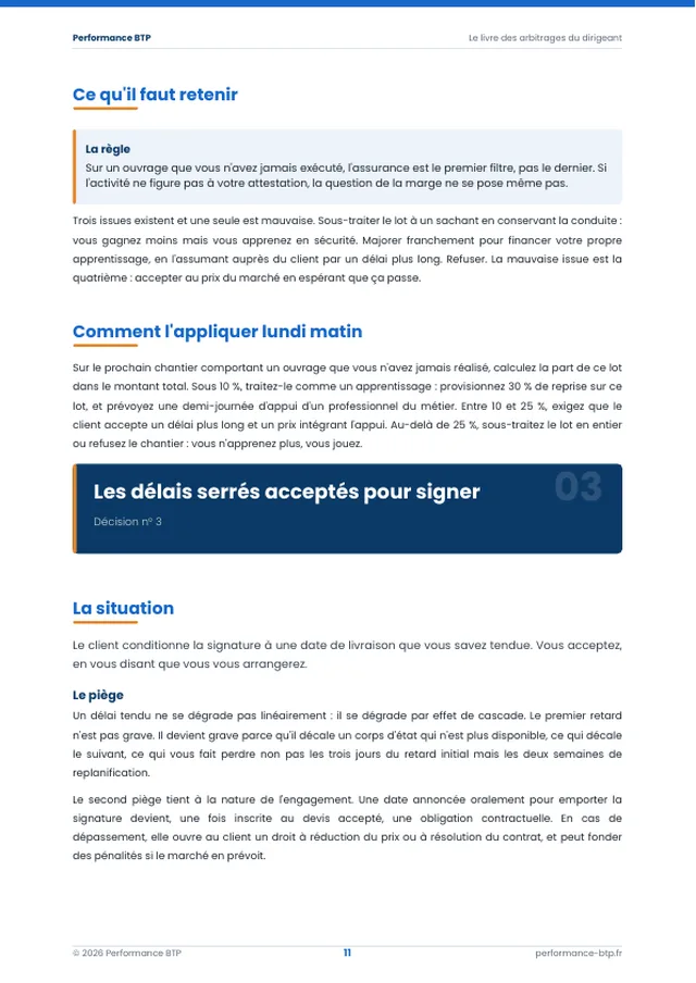 Page 12 de l’extrait du manuel 50 décisions qui font gagner ou perdre de l'argent dans le BTP