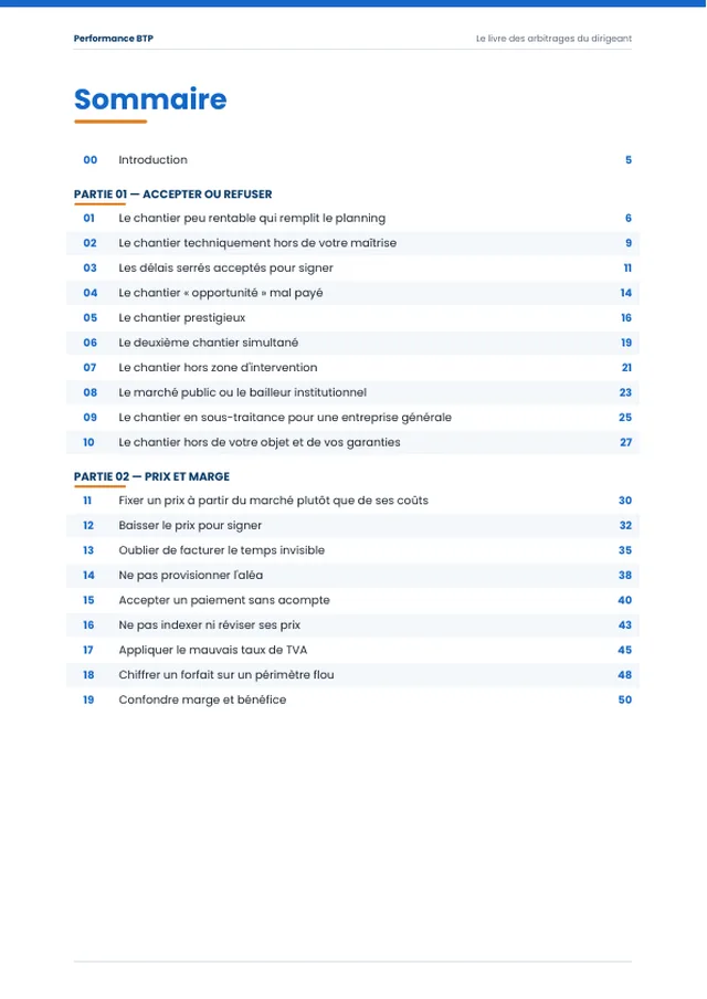 Page 2 de l’extrait du manuel 50 décisions qui font gagner ou perdre de l'argent dans le BTP