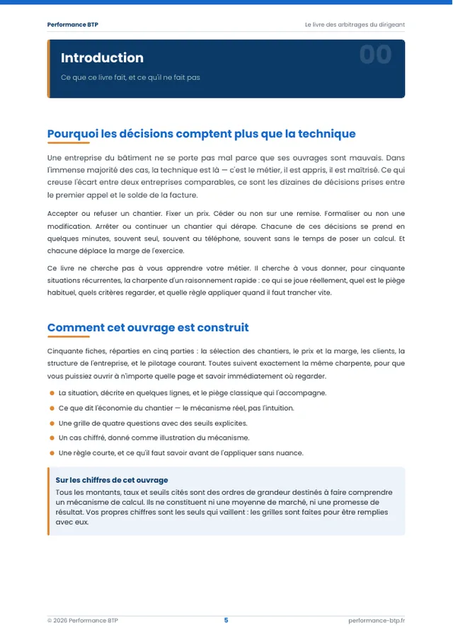 Page 6 de l’extrait du manuel 50 décisions qui font gagner ou perdre de l'argent dans le BTP