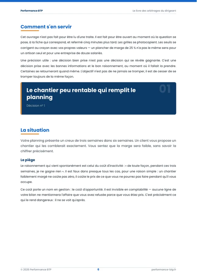 Page 7 de l’extrait du manuel 50 décisions qui font gagner ou perdre de l'argent dans le BTP