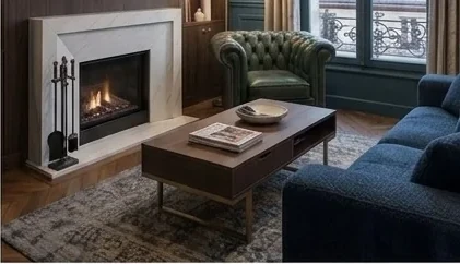 Salon avec cheminée en marbre restaurée et canapés velours