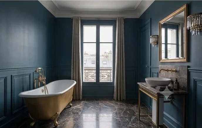 Salle de bain bleu nuit, baignoire îlot sur pieds laiton
