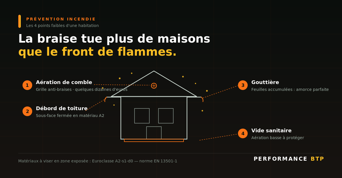 Schéma des quatre points d'entrée des braises dans une maison : aération de comble, débord de toiture, gouttière, vide sanitaire