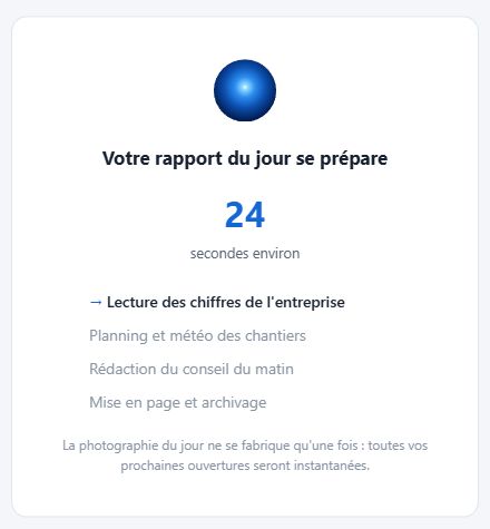 Salle d'attente du rapport du jour : l'œil bleu, un compte à rebours de quelques secondes et les étapes de préparation — lecture des chiffres, planning et météo, rédaction du conseil, mise en page.