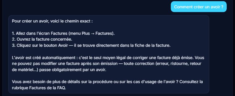 Conversation avec Reno IA : à la question « Comment créer un avoir ? », l'assistant donne le chemin exact — menu Plus, écran Factures, bouton Avoir — et rappelle qu'une facture émise se corrige par un avoir.