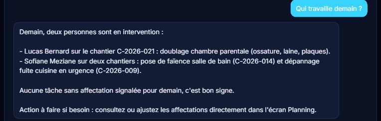 Conversation avec Reno IA : à la question « Qui travaille demain ? », l'assistant détaille les interventions de chaque personne, chantier par chantier, et signale qu'aucune tâche n'est sans affectation.