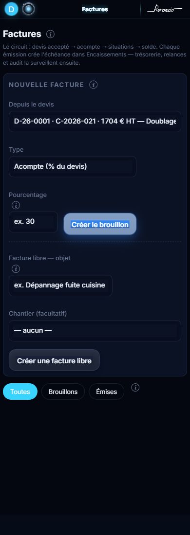 Écran Factures de Renovacio sur téléphone : création d'une facture d'acompte depuis un devis accepté.