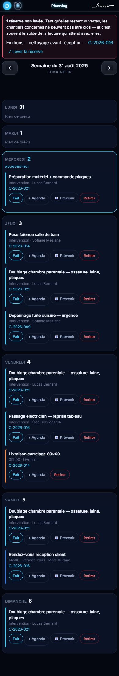 Écran Planning de Renovacio sur téléphone : la semaine jour par jour, une réserve à lever et les interventions de l'équipe.